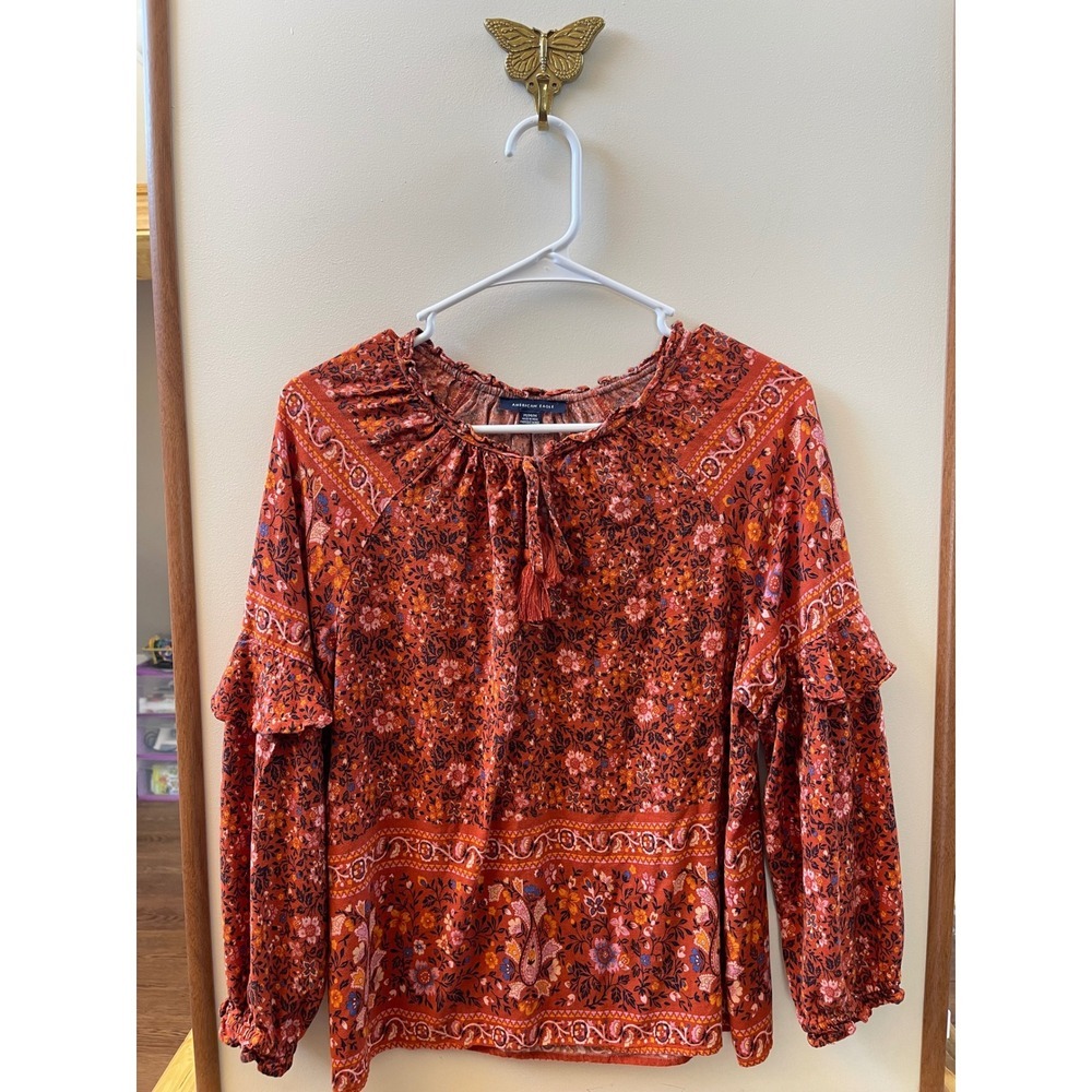 American Eagle Blouse Women's Medium Orange Boho Floral Tassel Ruffle
